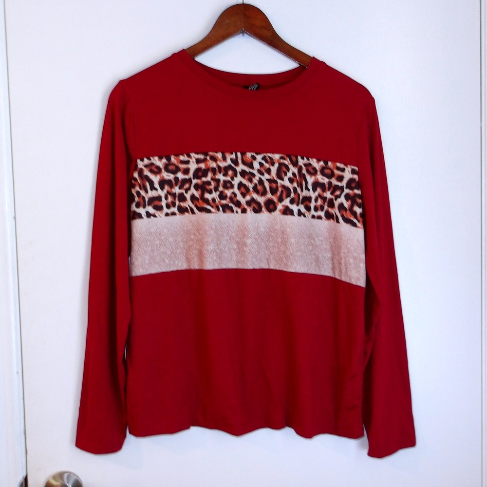 Ranlege Long Sleeve‎ Leopard Print Color Block Top Blouse Pullover /#5335